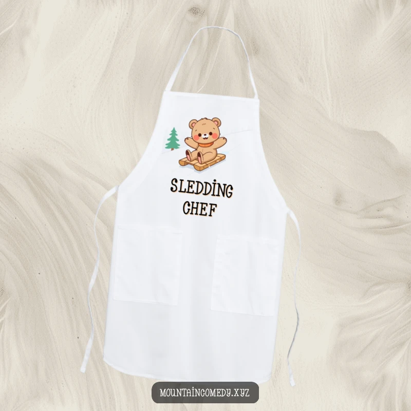 Funny bear cub character sledding down a snowy mountain, bringing a smile to the kitchen on this humorous and functional apron.