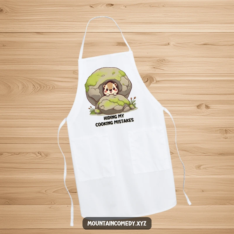 Funny marmot character curiously peering from behind a mossy boulder, practical apron for humorous kitchen exploration, perfect gift.