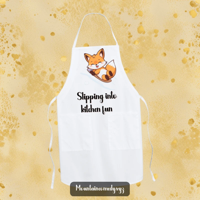 Funny apron featuring a playful fox character belly sliding down a snowy slope, ideal for adding humor to kitchen activities.