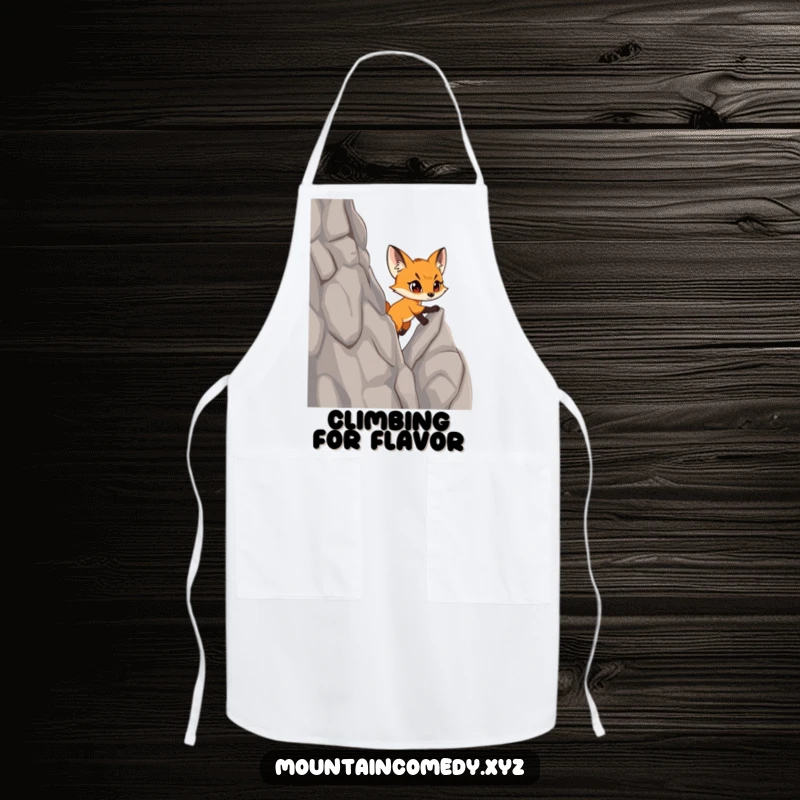 Funny fox cub character climbing a steep cliff, ready to inspire culinary success on this humorous and practical kitchen apron.