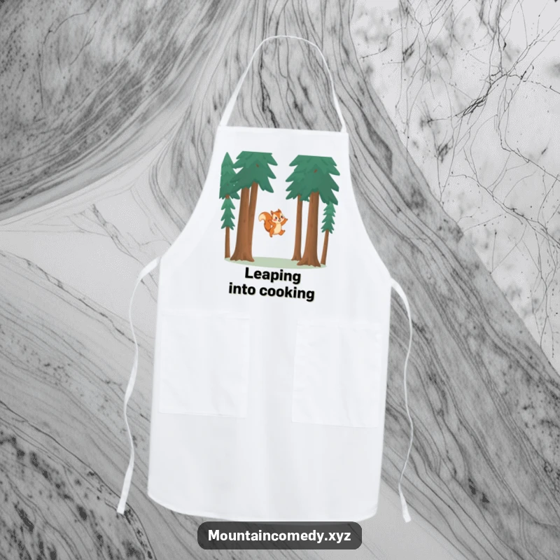 Funny squirrel character leaping between trees, ready to assist in the kitchen on this humorous and practical apron.