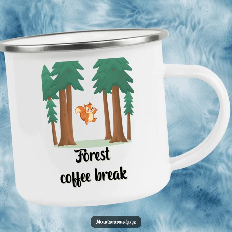 Funny squirrel character leaping between pine trees, bringing playful energy to this durable and humorous camping mug.