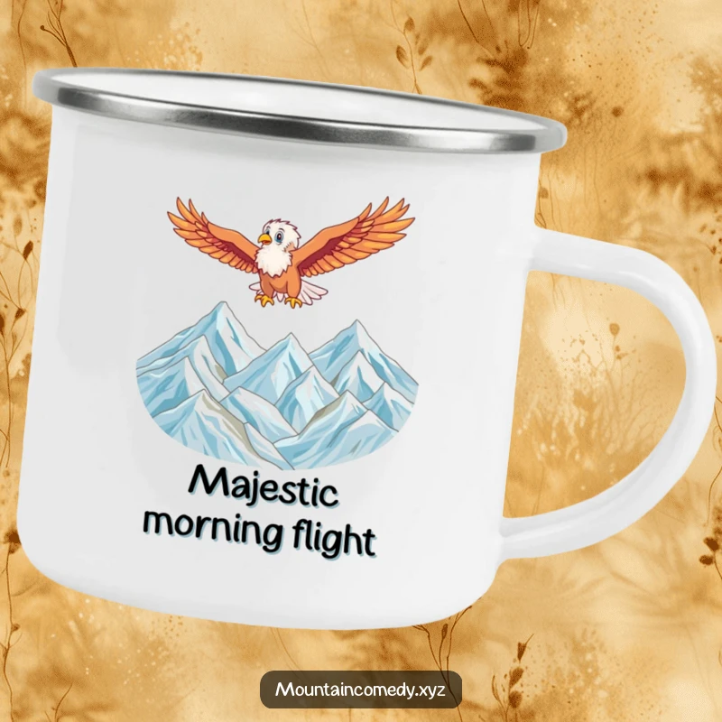Funny camping mug featuring an energetic eagle character soaring high above a majestic mountain range, perfect for inspired outdoor moments.