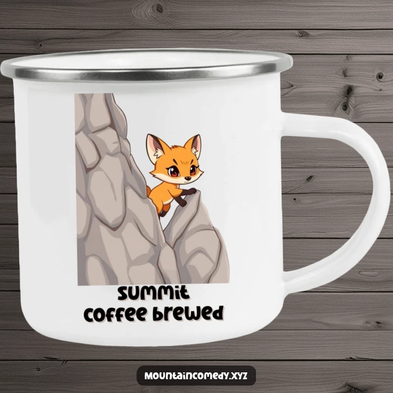 Funny fox cub character scaling a steep cliff, embodying determination on this durable and humorous camping mug for adventurers.