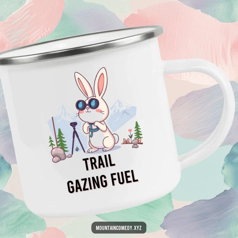 Funny rabbit character using binoculars to view distant mountains, bringing exploration and humor to this durable camping mug.