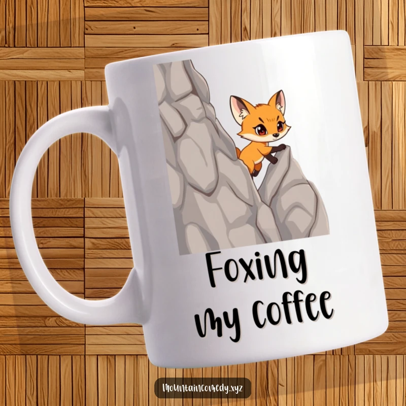 Funny, determined fox cub character confidently scaling a steep rocky cliff, symbolizing ambition and perseverance on this inspiring mug.