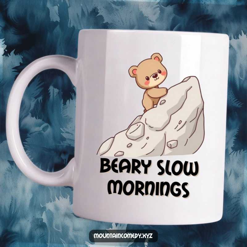 Funny mug showing a sturdy bear cub carefully climbing a steep, rocky mountain, embodying determination and resilience.