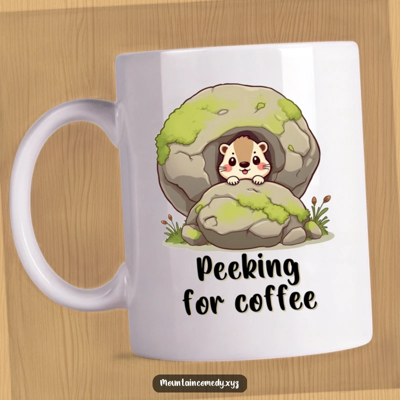 Funny marmot character curiously peering from behind a moss-covered boulder, a whimsical mug for nature enthusiasts, perfect gift.