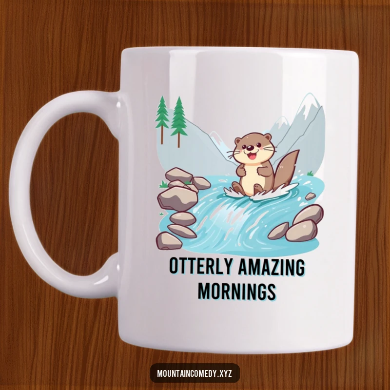 Funny otter character enthusiastically paddling down a fast mountain stream, symbolizing joy and adventure on this cheerful mug.