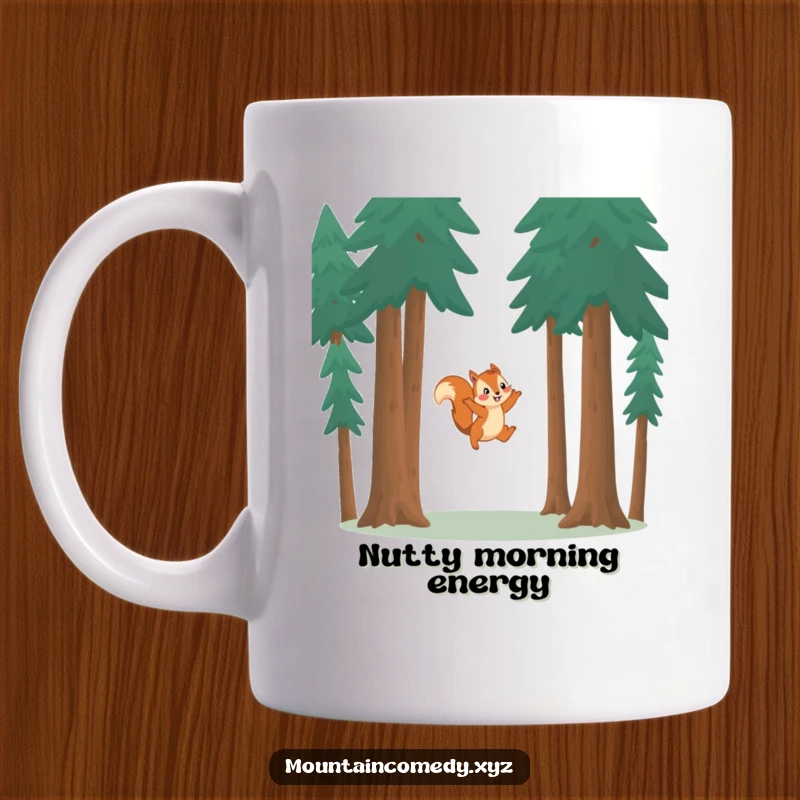 Funny squirrel character mid-leap between towering pine trees, symbolizing agility and playful energy on this delightful mug.