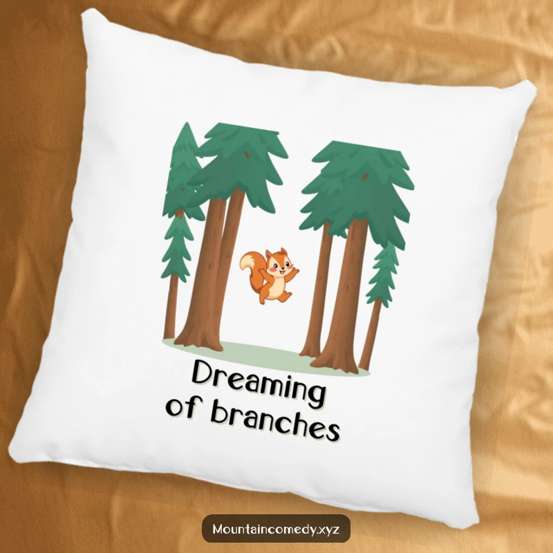 Funny squirrel character leaping between pine trees, offering comfort and playfulness on this decorative and humorous pillow.
