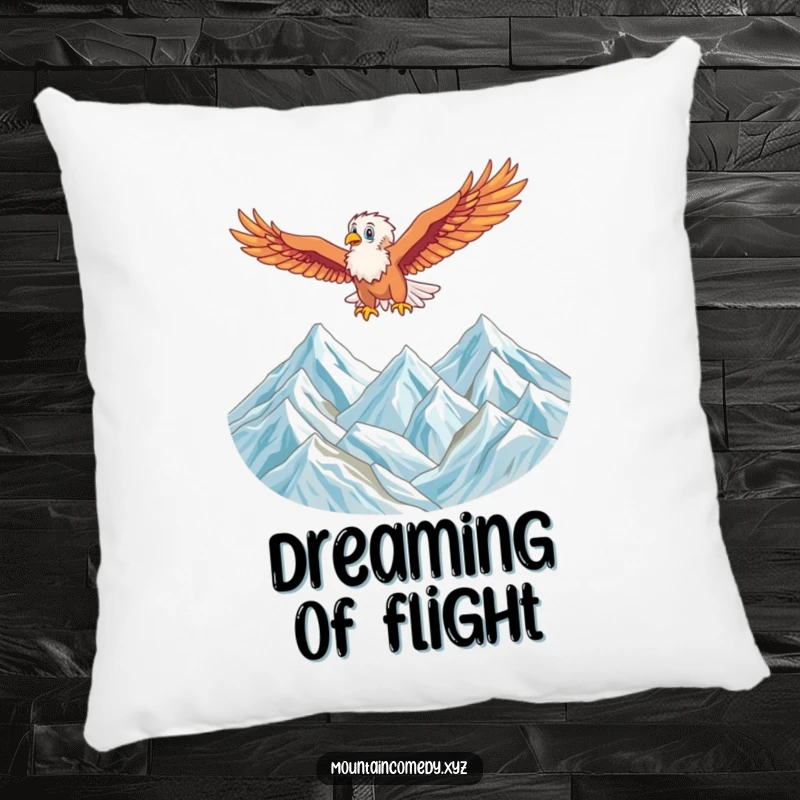 Funny pillow with an energetic eagle character soaring high above a majestic mountain range, adding cozy freedom to any room.