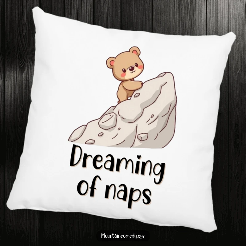 Funny pillow with a sturdy bear cub character carefully ascending a steep, rocky mountain, offering cozy humor and inspiration.