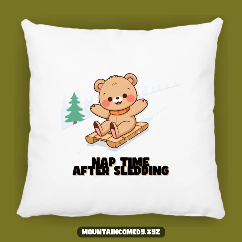 Funny Bear Cub Sledding Pillow: Cozy Humor and Hilarious Adventure Decor Gift
