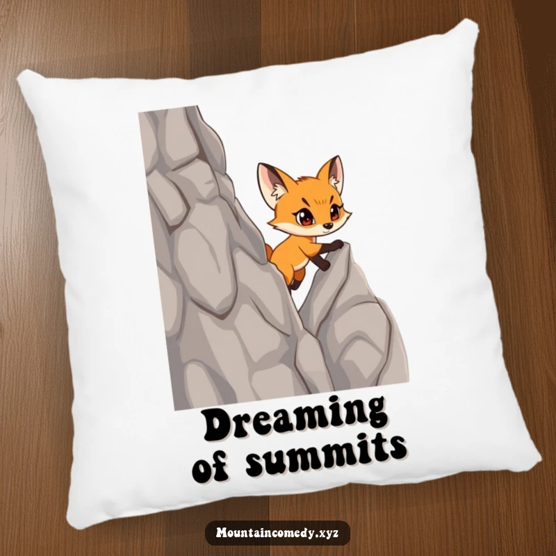 Funny fox cub character climbing a steep cliff, offering comfort and inspiration on this decorative and humorous pillow.