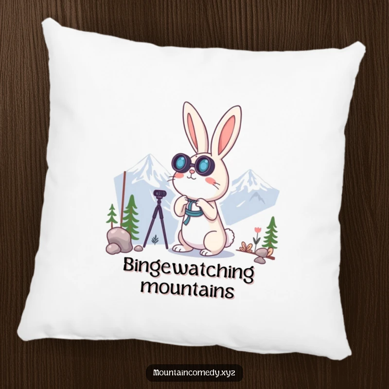 Funny rabbit character using binoculars to observe distant mountains, offering comfort and curiosity on this decorative and humorous pillow.