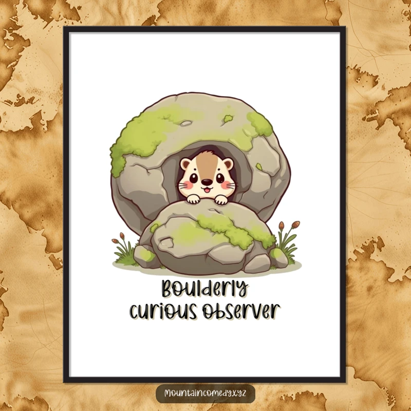Funny marmot character curiously peering from behind a mossy boulder, high-resolution digital art print for humorous decor, perfect gift.