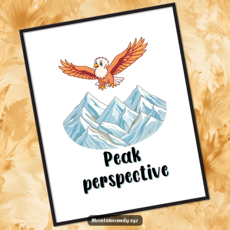 Funny digital art of an energetic eagle character soaring gracefully above a majestic mountain range, symbolizing freedom and height.