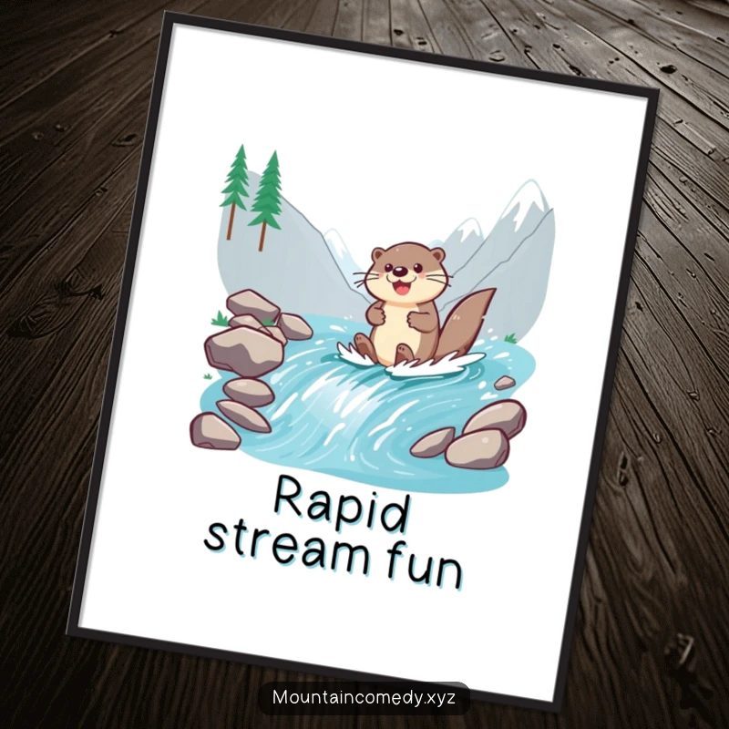 Funny otter character paddling down a fast mountain stream, capturing cheerful movement in a humorous and vibrant digital art print.