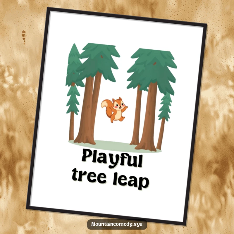 Funny squirrel character leaping between towering pine trees, capturing playful movement in a humorous and vibrant digital art print.