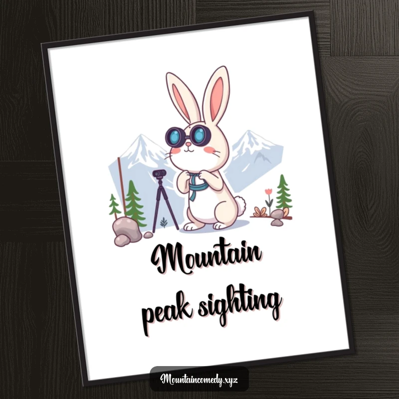 Funny rabbit character using binoculars to observe distant mountains, capturing curiosity in this humorous and charming digital art print.