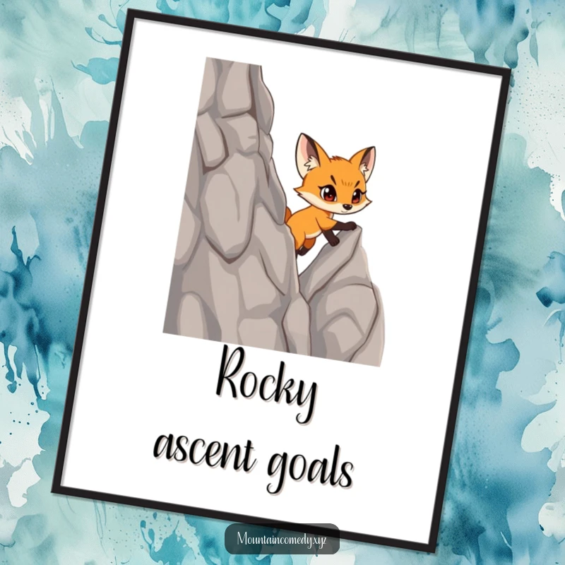 Funny fox cub character scaling a steep cliff with focus, captured in a motivational and humorous digital art print.