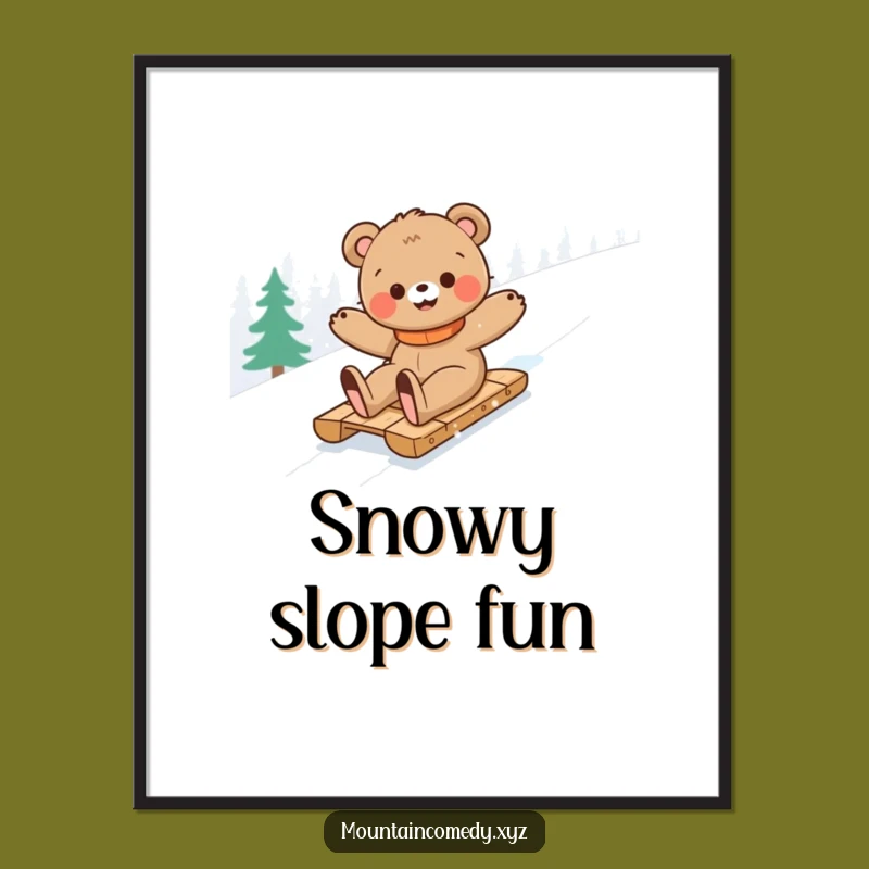 Funny Bear Cub Sledding Digital Print: Hilarious Winter Mountain Wall Art Gift