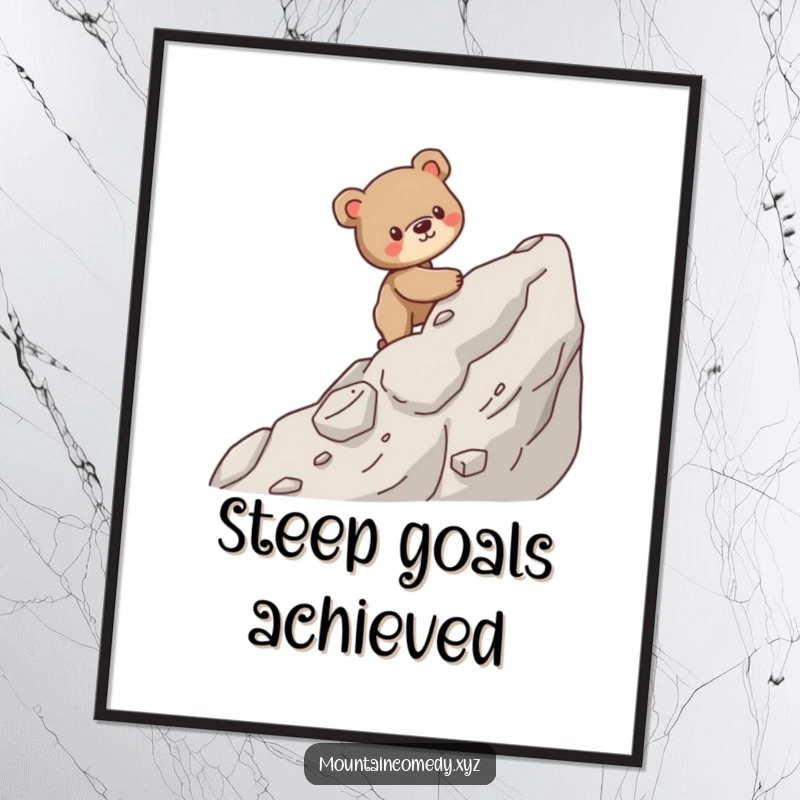 Funny digital art of a sturdy bear cub character carefully navigating a steep, rocky mountain ascent, symbolizing determination.