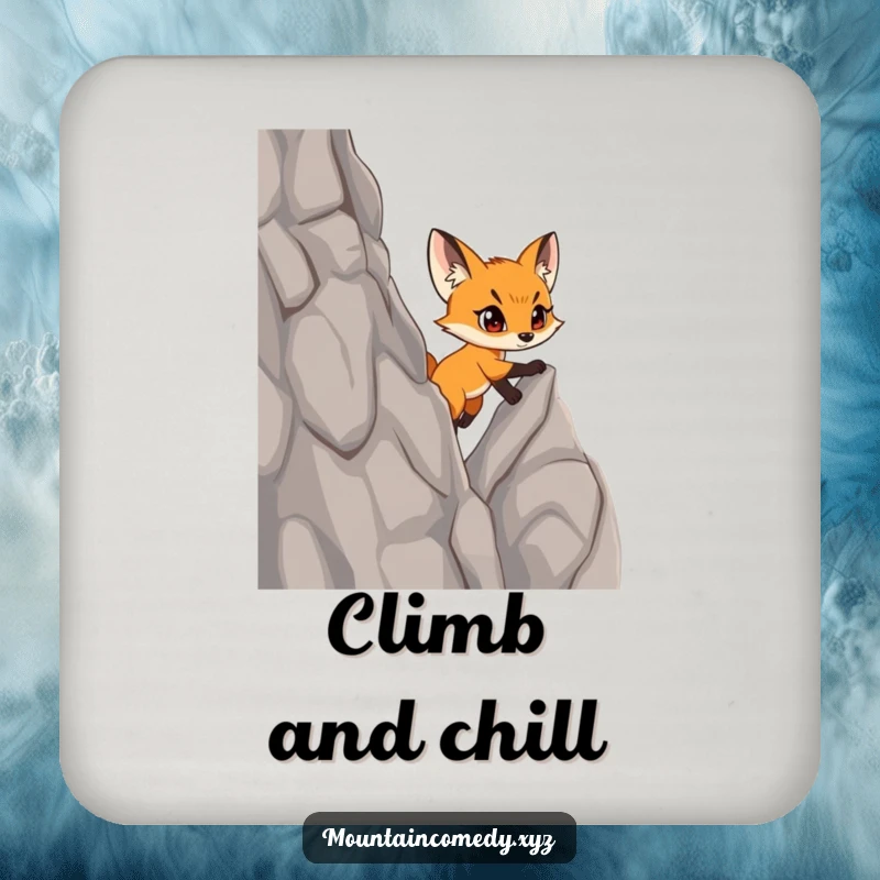 Funny fox cub character scaling a steep rocky cliff, featured on this set of humorous drink coasters for determined protection.