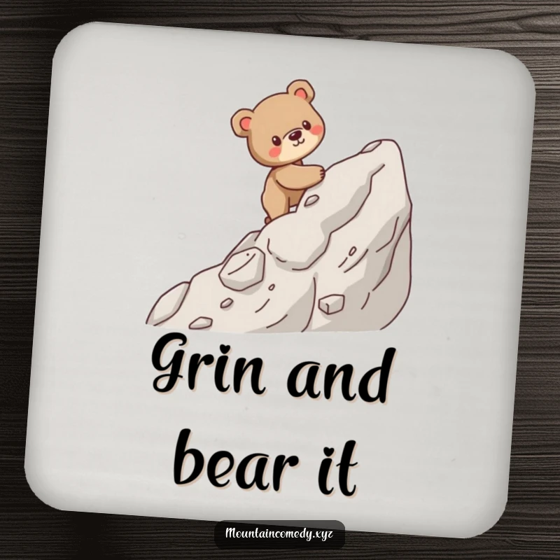 Funny drink coaster with a sturdy bear cub character carefully climbing a steep, rocky mountain, protecting surfaces with grit.