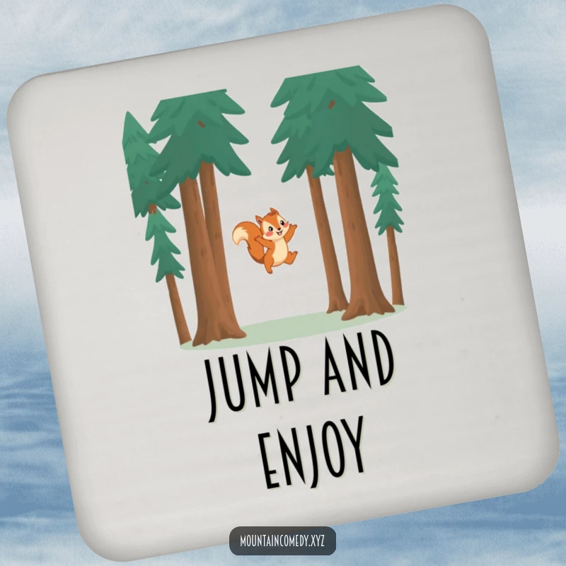 Funny squirrel character leaping between trees, featured on this set of humorous drink coasters for playful homes.