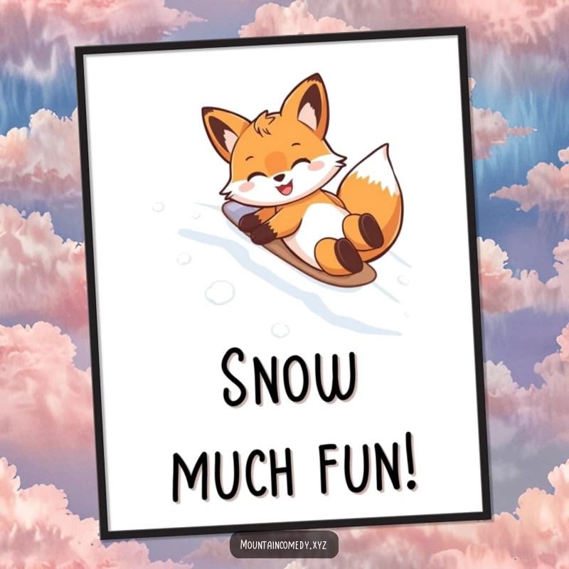 Funny poster featuring a delighted fox character belly sliding down a snow-covered mountain, capturing a moment of pure winter joy.