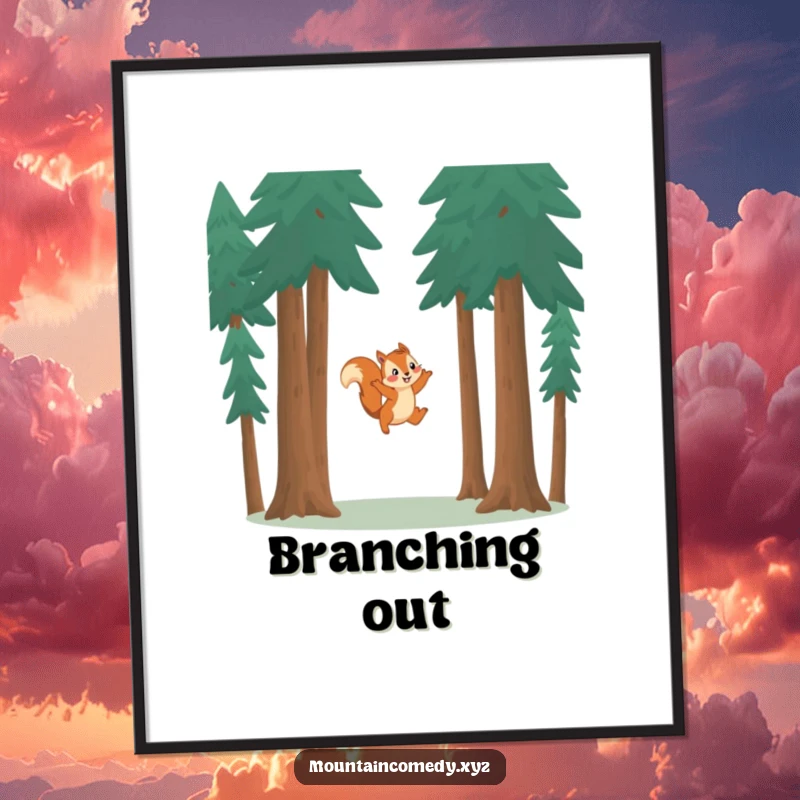 Funny squirrel character leaping gracefully between tall pine trees, capturing playful movement in this humorous forest art print.