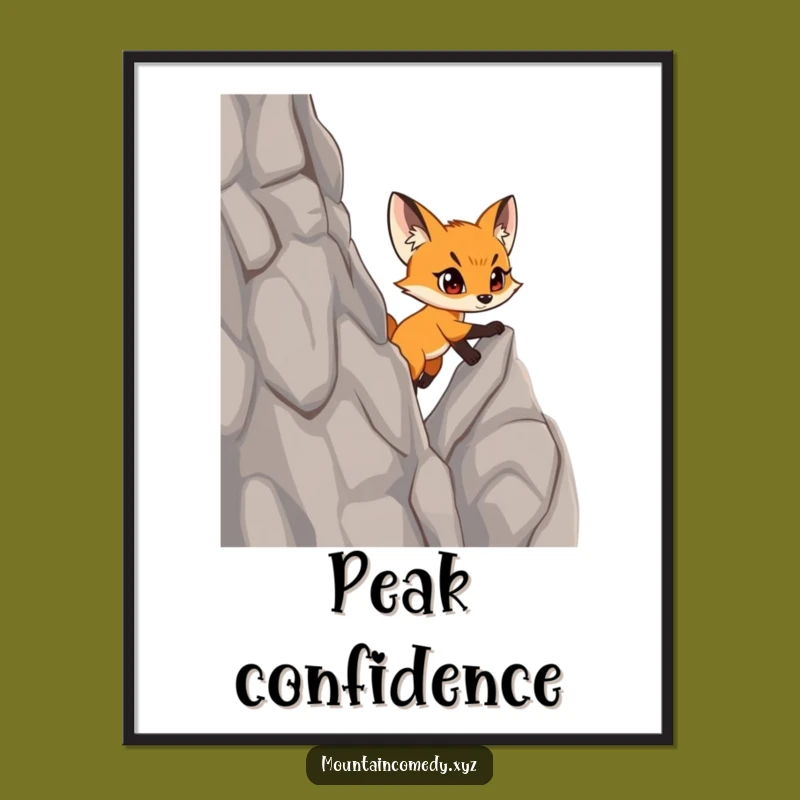 Funny Fox Cub Climbing Poster: Inspiring Determination Mountain Art Gift