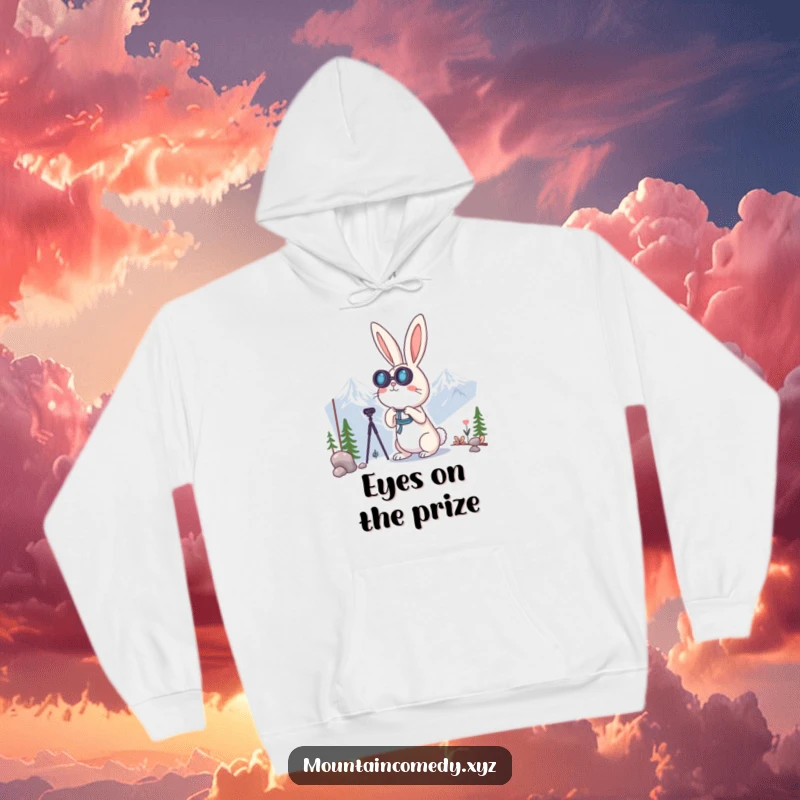 Funny rabbit character using binoculars to scan mountain views, depicted on a warm and cozy hoodie for curious minds.
