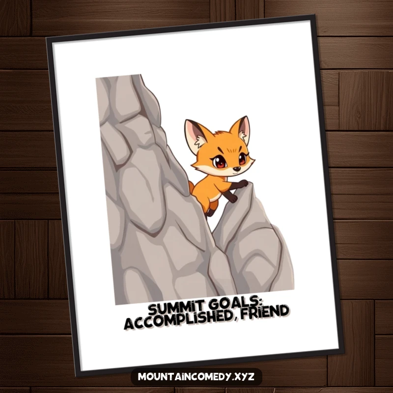 Funny Free Printable Wall Art: Determined fox cub gazes confidently while scaling a rugged mountain cliff face.