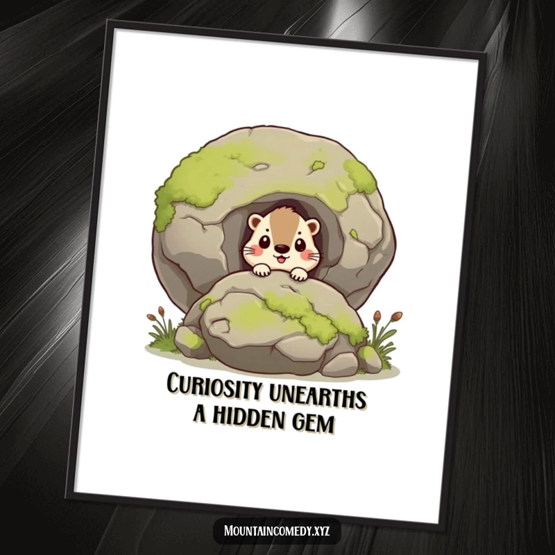 Funny Free Printable Wall Art of a curious marmot character peeking playfully from behind a large, detailed moss-covered boulder.