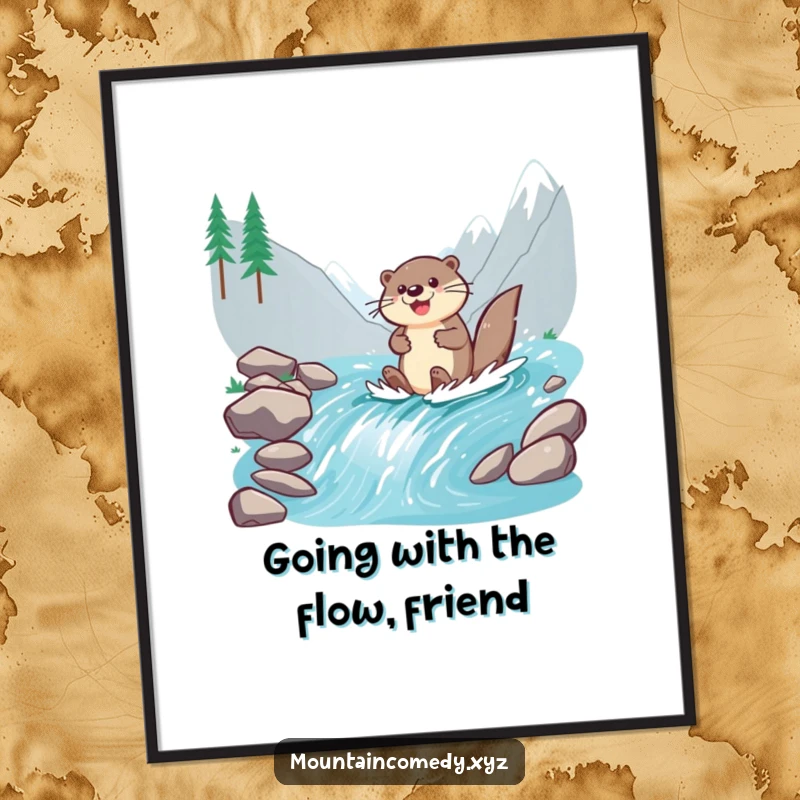 Funny Free Printable Wall Art: Cheerful otter paddles energetically down a fast-flowing mountain stream, exuding pure joy.