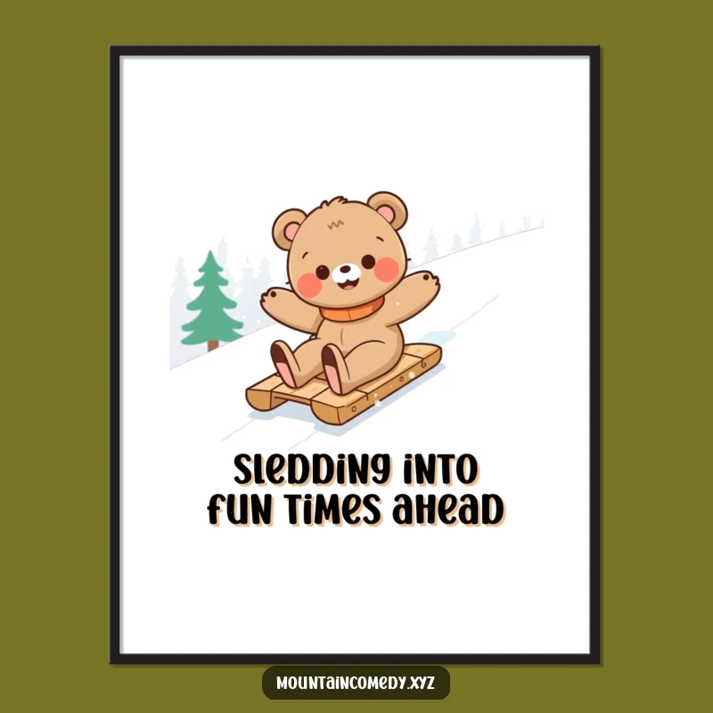 Free Printable Bear Cub Art: Funny Snow Slide Mountain Downloadable Decor Gift