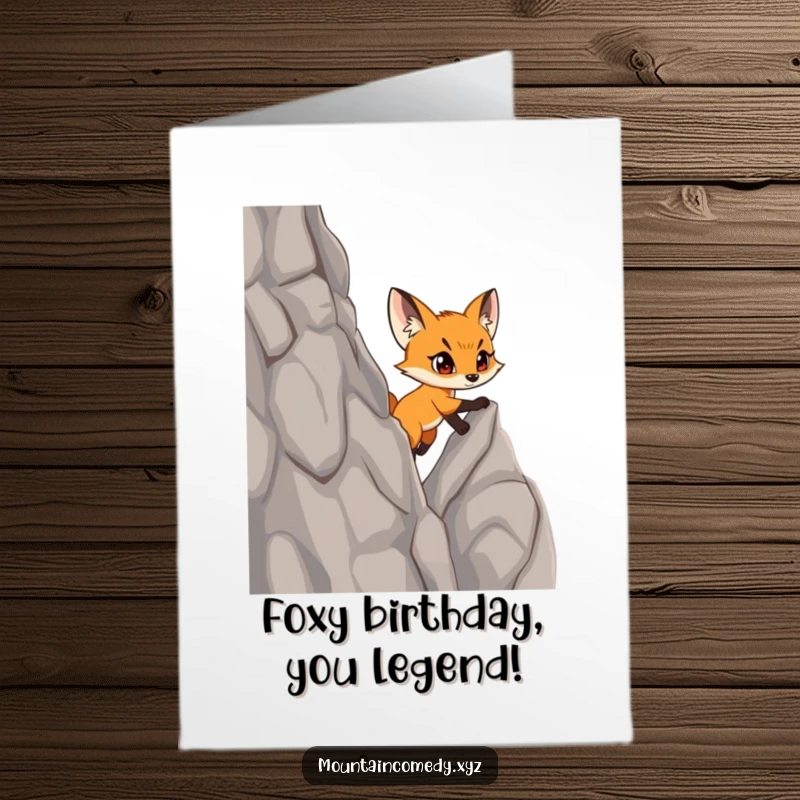Funny Free Printable Birthday Card: Determined fox cub confidently scales a rocky cliff, celebrating a birthday achievement.