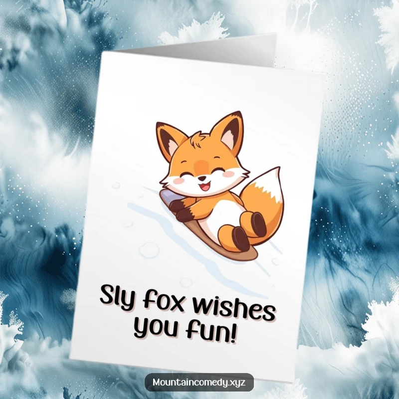 Funny free printable birthday card featuring a happy fox sliding down a snowy mountain on its tummy, pure winter delight.