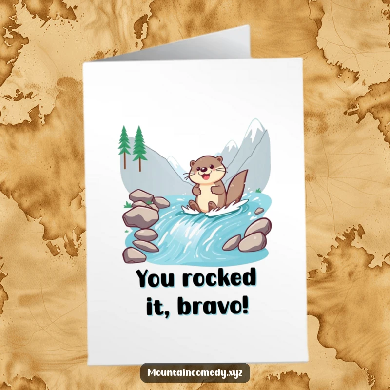 Funny Free Printable Congrats Card: Cheerful otter paddles with enthusiasm down a stream, celebrating a successful achievement.