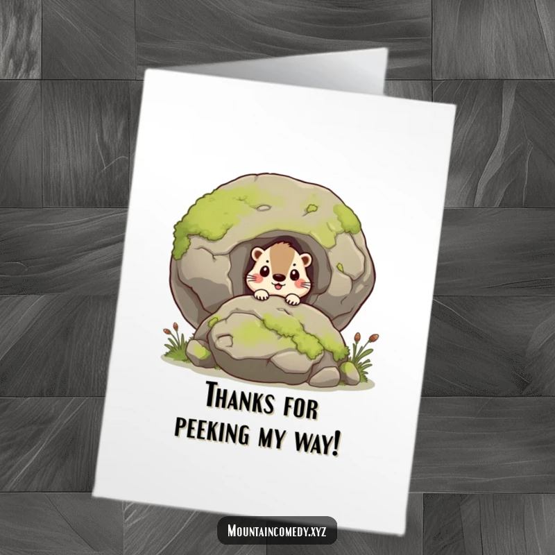 Funny Free Printable Thank You Card with a marmot character curiously peeking from behind a mossy boulder, offering thanks.