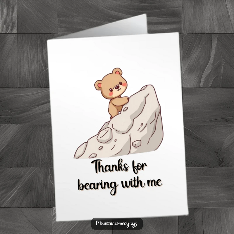 Free printable thank you card featuring a resilient bear cub cub navigating a challenging rocky slope, conveying steady appreciation.