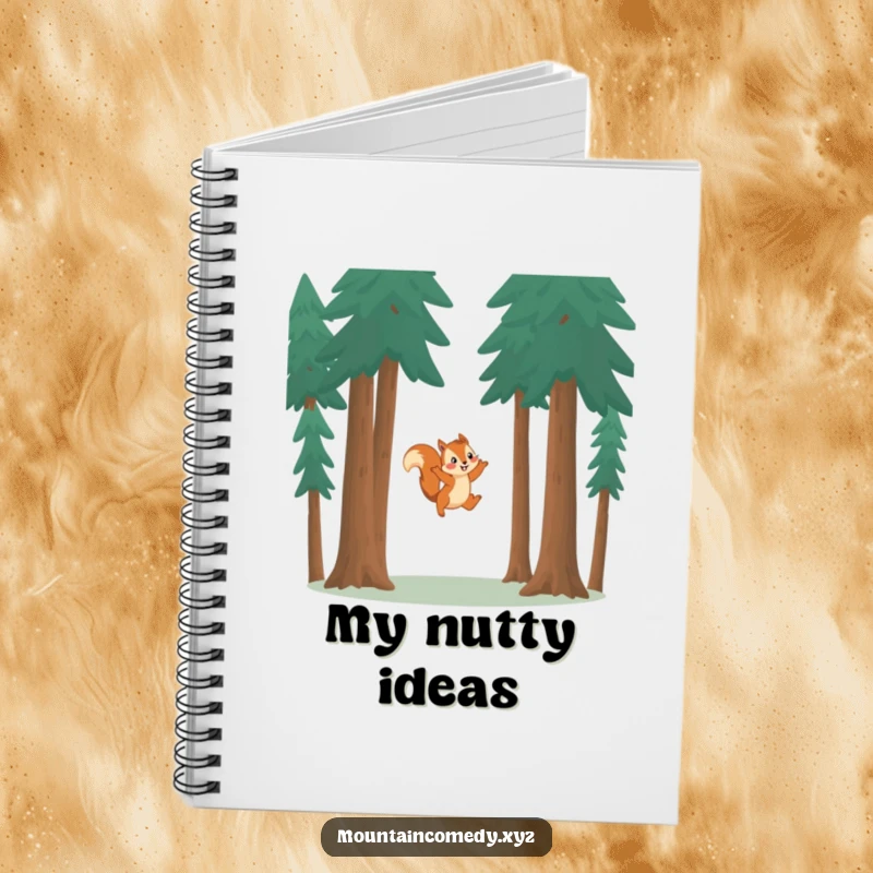 Funny squirrel character leaping between trees, ready to capture playful thoughts in this humorous adventure notebook.