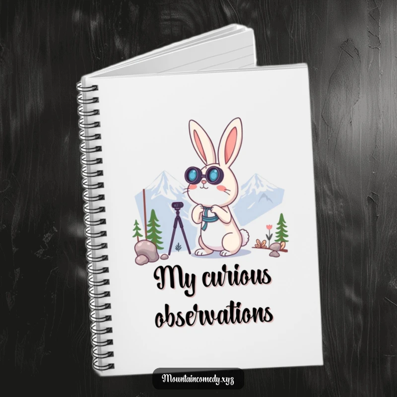 Funny rabbit character using binoculars to scan horizons, ready to record observations in this humorous explorer's notebook.
