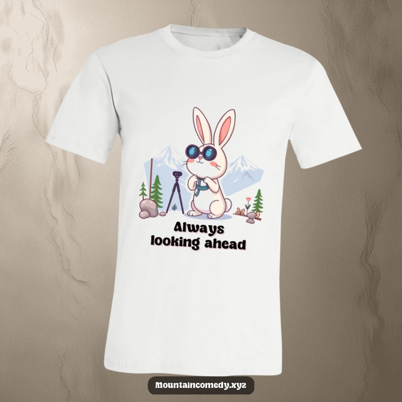 Funny rabbit character intently using binoculars to view distant mountains, highlighting curiosity and adventure on this graphic tee.