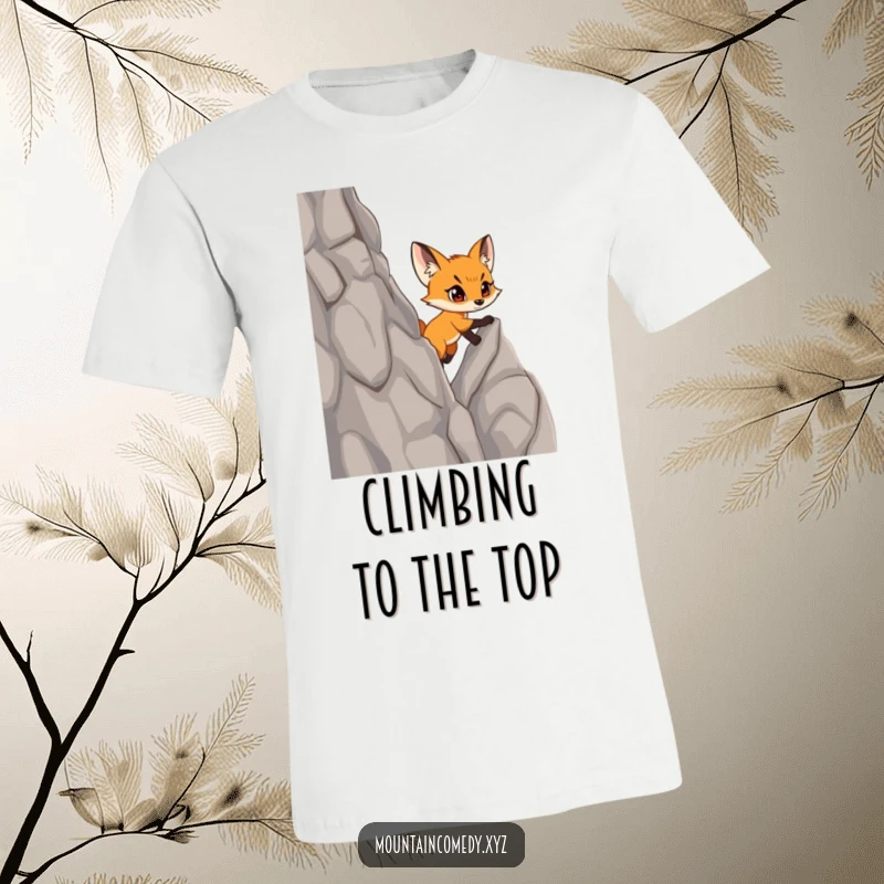 Funny fox cub character with a determined gaze ascends a rugged cliff face, embodying strength and courage on this graphic tee.