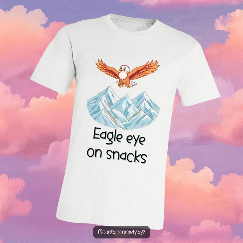Funny t-shirt showcasing an energetic eagle character soaring majestically above a grand mountain range, symbolizing freedom and power.