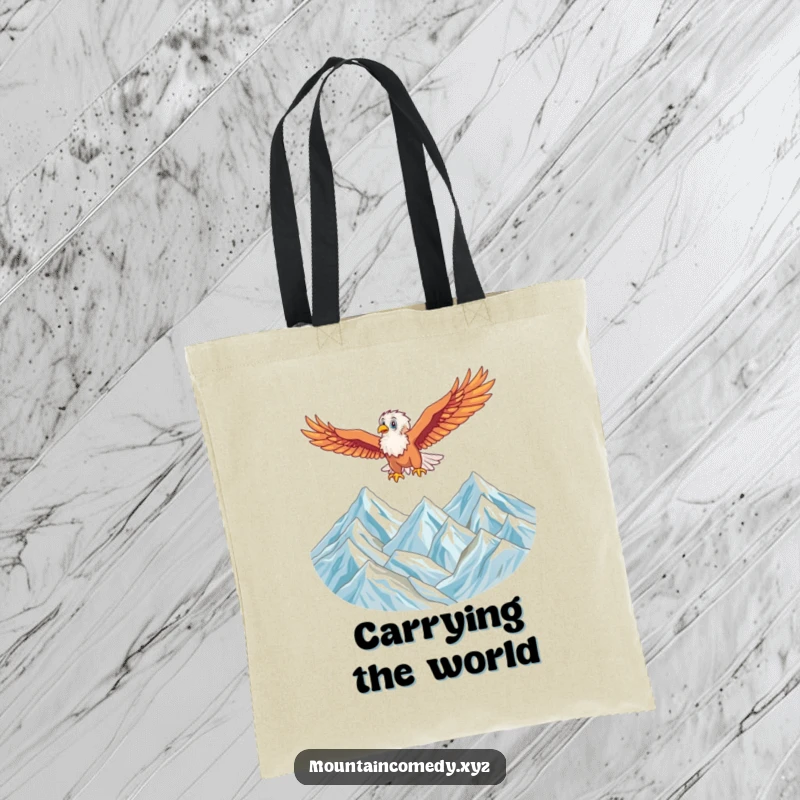 Funny tote bag with an energetic eagle character soaring high above a majestic mountain range, great for carrying essentials.